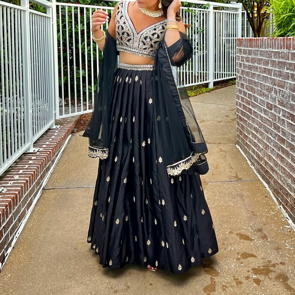 Black and Gold Embroidered Satin Lehenga - Picture 5 of 5